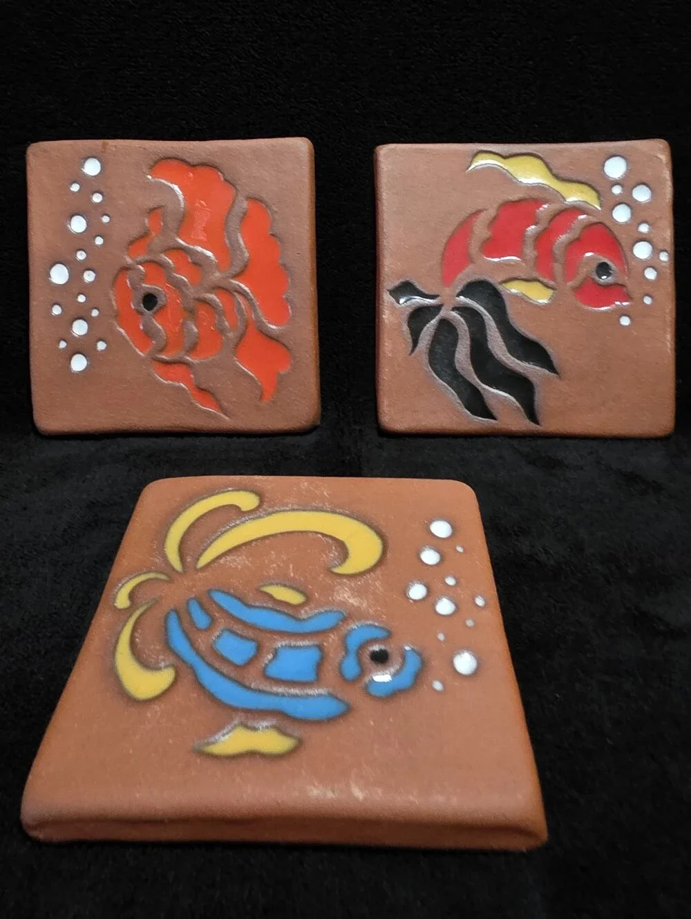 Vintage 1997 Studio Pottery Tropical Fish Wall Tiles Set of 3